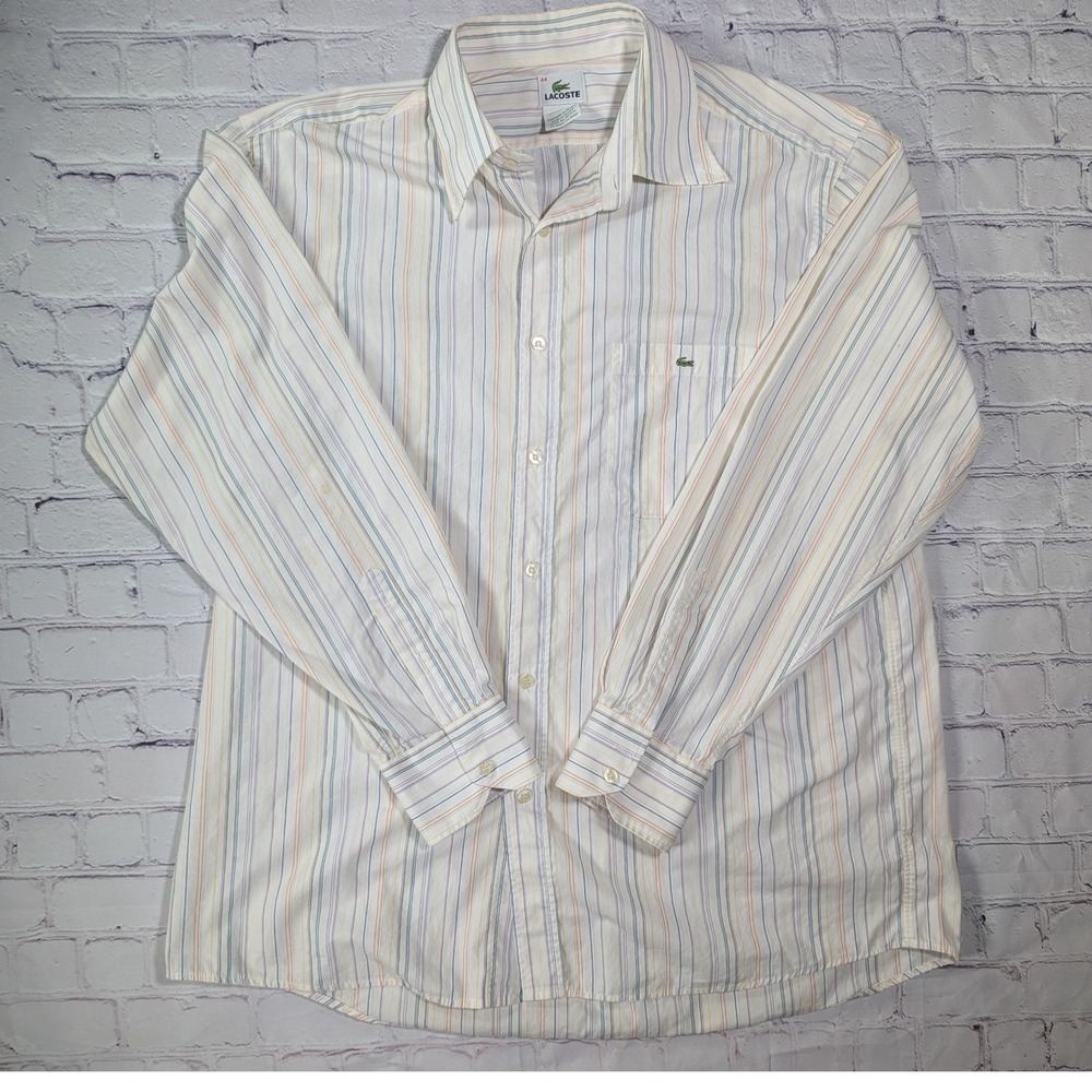 Lacoste F 5182 Button Down Shirt Mens 44 Cotton White Striped Made in France